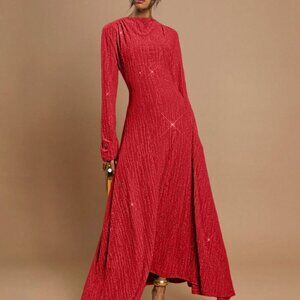 Red Party Women's Stand Collar Long Sleeve Sparkling Luxury Long Dress